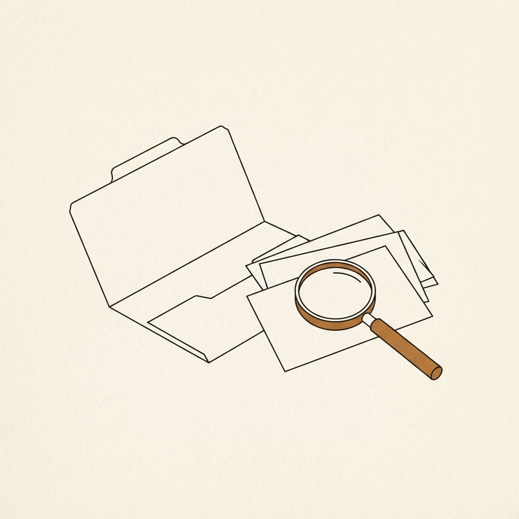 Line-art illustration of a filing folder, index cards and a magnifying glass